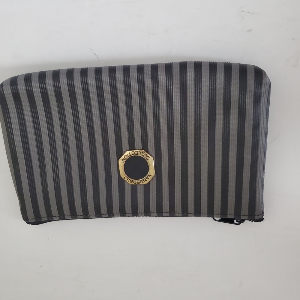 Gloria Vanderbilt Collection Grey Black Striped PVC Cosmetic Pouch V5413 - Picture 1 of 9